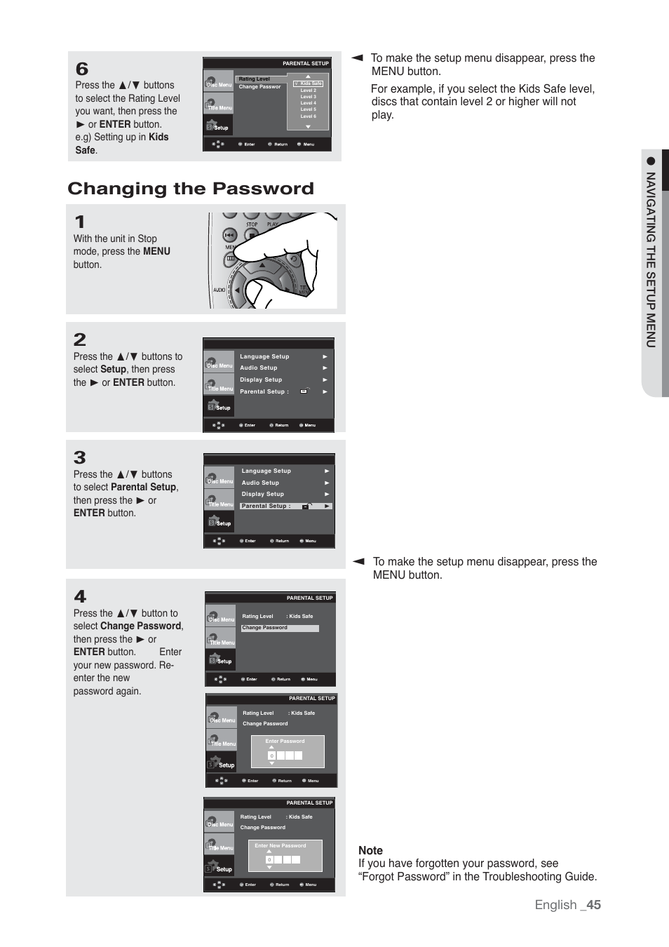 Changing the password, English, Navigating the setup menu | Samsung AK68-01765B User Manual | Page 45 / 51