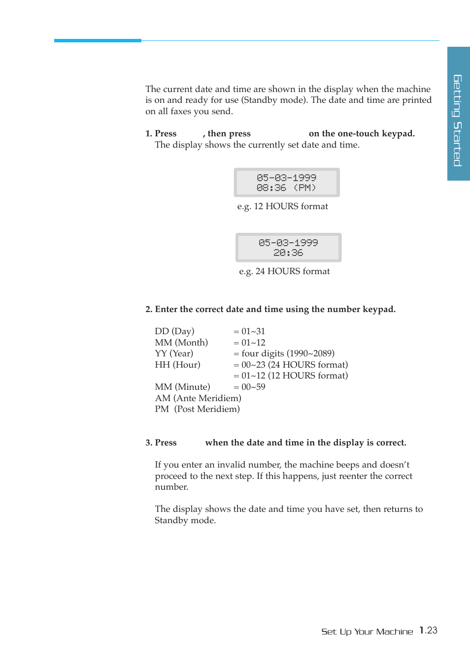 Setting the date and time | Samsung SF-5800P User Manual | Page 32 / 99