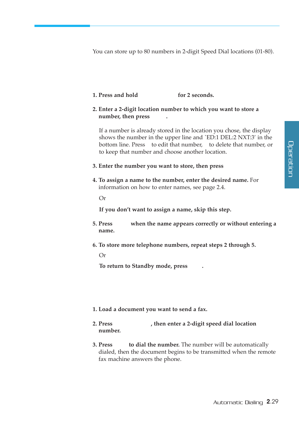 Speed dialing, Operation | Samsung SF-5800P User Manual | Page 62 / 99