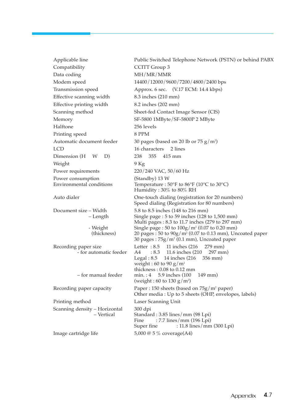 Specifications | Samsung SF-5800P User Manual | Page 99 / 99