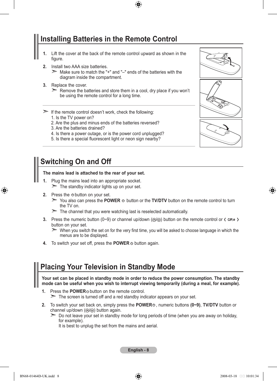 Installing batteries in the remote control, Switching on and off, Placing your television in standby mode | Samsung BN68-01464D-00 User Manual | Page 10 / 63