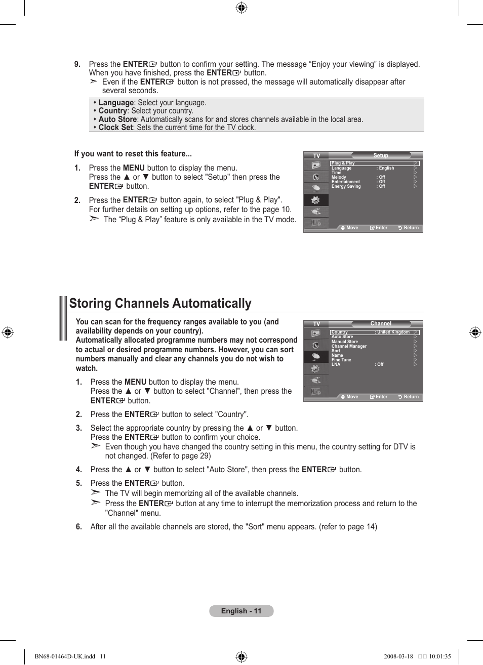 Setting the channels, Storing channels automatically | Samsung BN68-01464D-00 User Manual | Page 13 / 63
