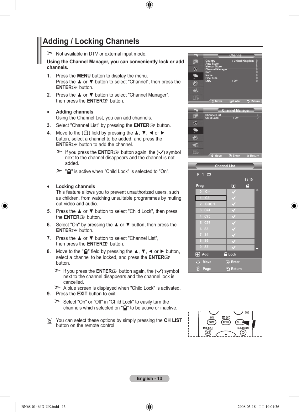 Adding / locking channels | Samsung BN68-01464D-00 User Manual | Page 15 / 63