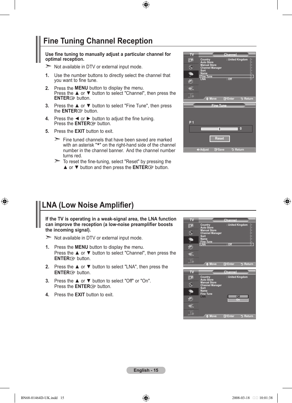 Fine tuning channel reception, Lna (low noise amplifier) | Samsung BN68-01464D-00 User Manual | Page 17 / 63