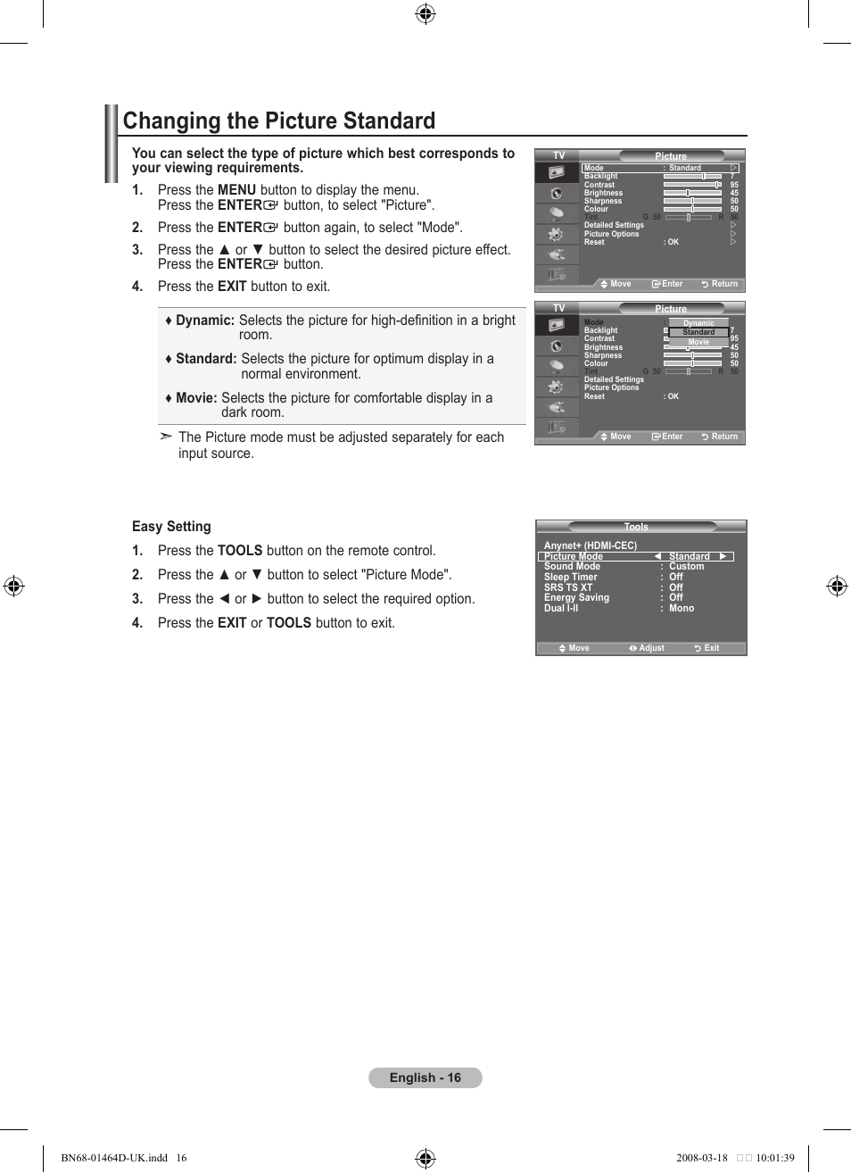 Setting the picture, Changing the picture standard | Samsung BN68-01464D-00 User Manual | Page 18 / 63