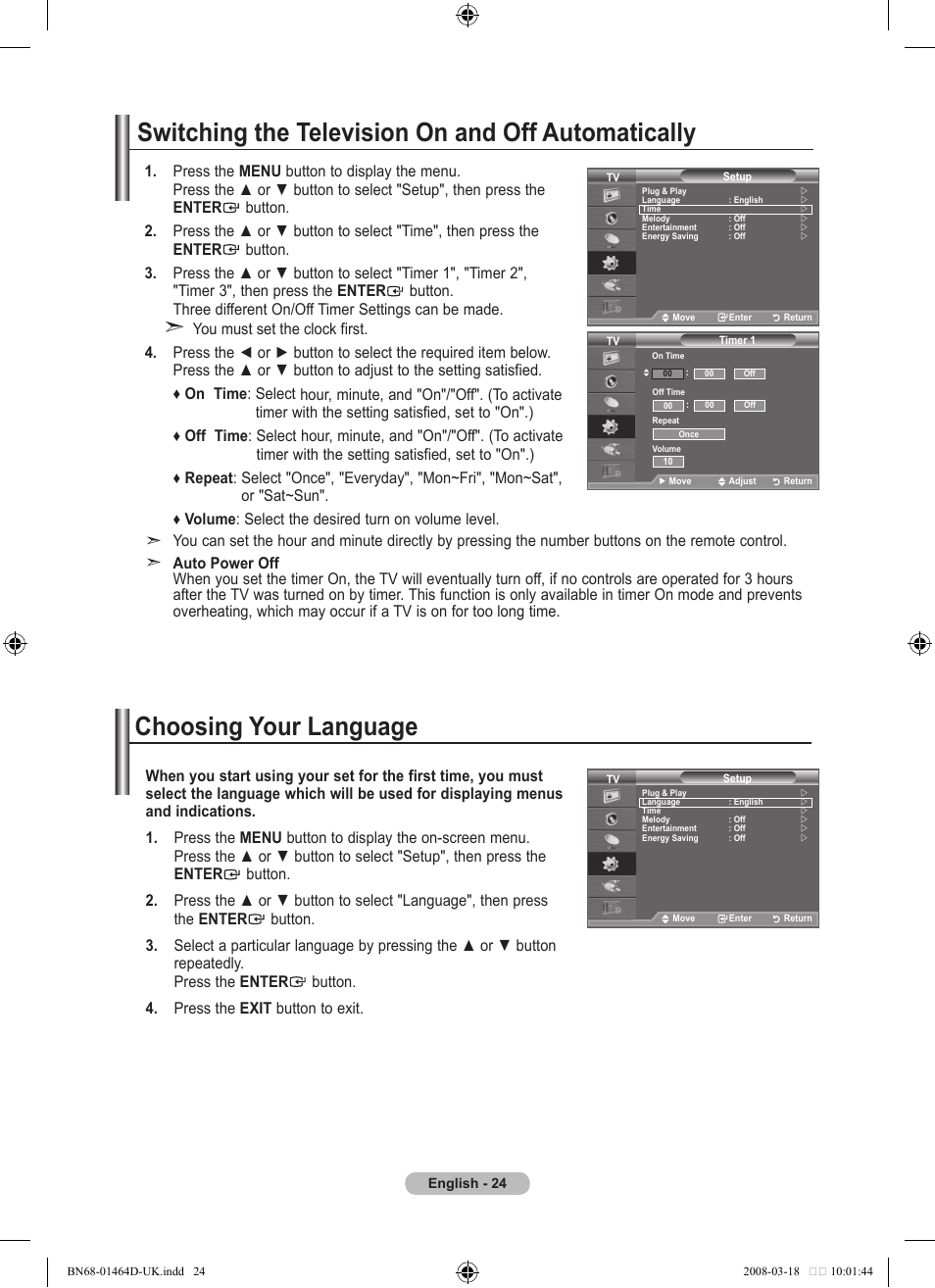 Switching the television on and off automatically, Function description, Choosing your language | Samsung BN68-01464D-00 User Manual | Page 26 / 63