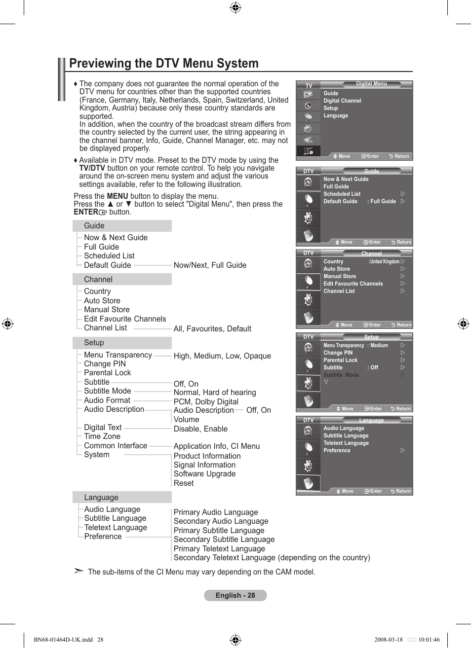 Using the dtv feature, Previewing the dtv menu system | Samsung BN68-01464D-00 User Manual | Page 30 / 63