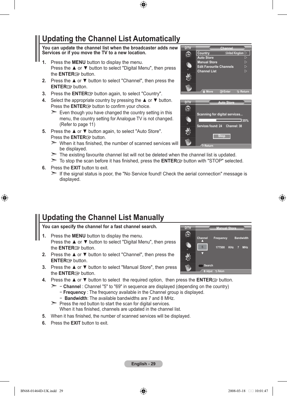 Updating the channel list automatically, Updating the channel list manually | Samsung BN68-01464D-00 User Manual | Page 31 / 63