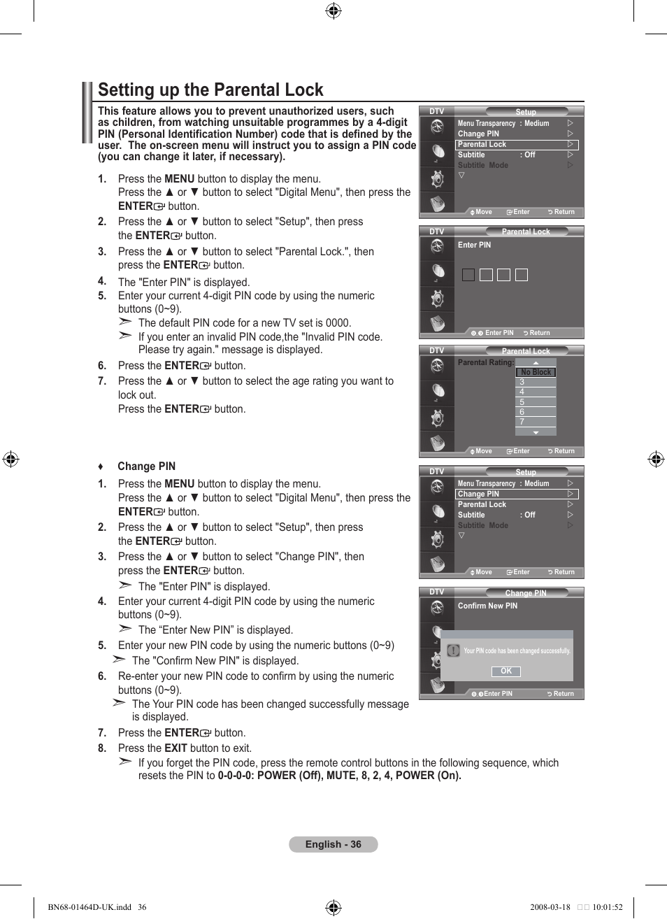 Setting up the parental lock | Samsung BN68-01464D-00 User Manual | Page 38 / 63