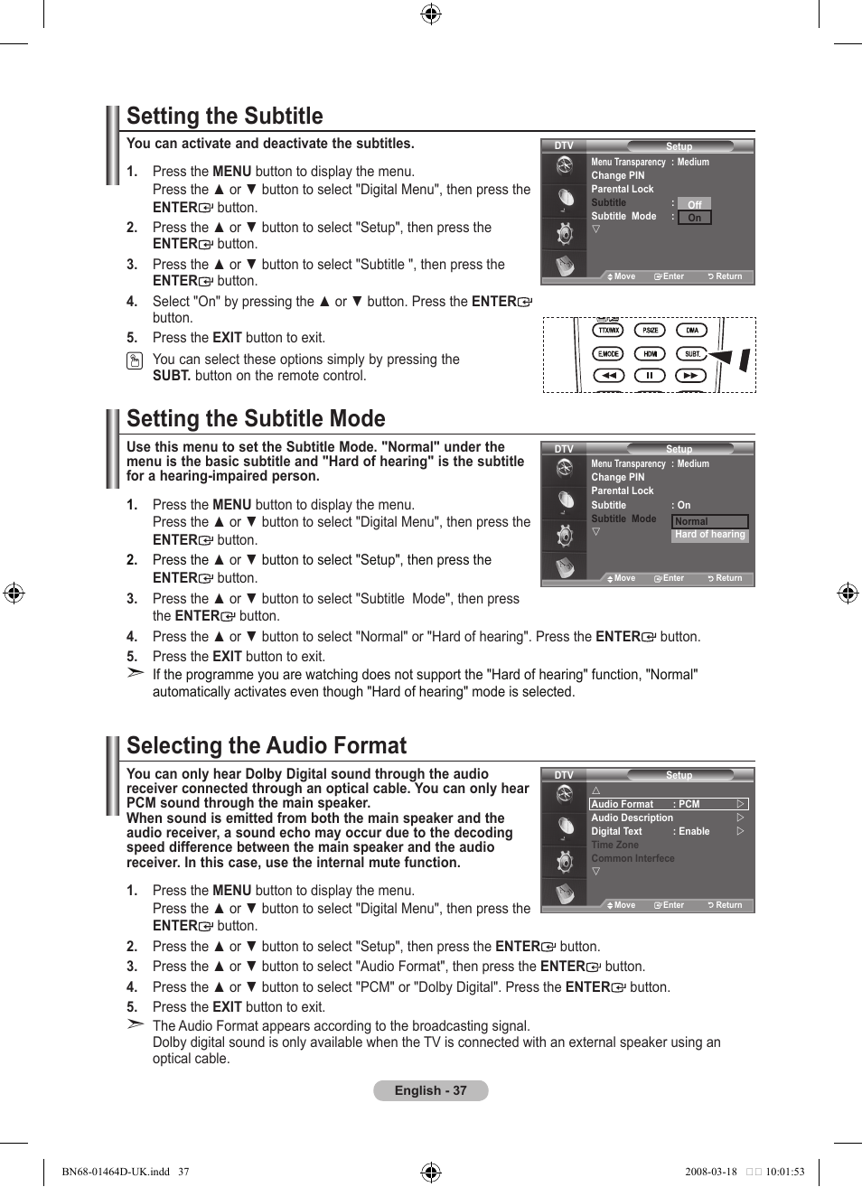 Setting the subtitle, Setting the subtitle mode, Selecting the audio format | Samsung BN68-01464D-00 User Manual | Page 39 / 63