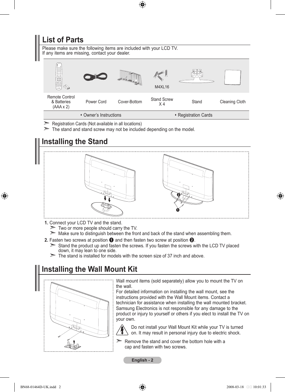 Connecting and preparingreparing your tv, List of parts, Installing the stand | Installing the wall mount kit, Installing the stand installing the wall mount kit | Samsung BN68-01464D-00 User Manual | Page 4 / 63