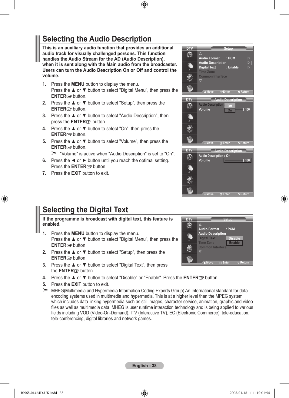 Selecting the audio description, Selecting the digital text | Samsung BN68-01464D-00 User Manual | Page 40 / 63