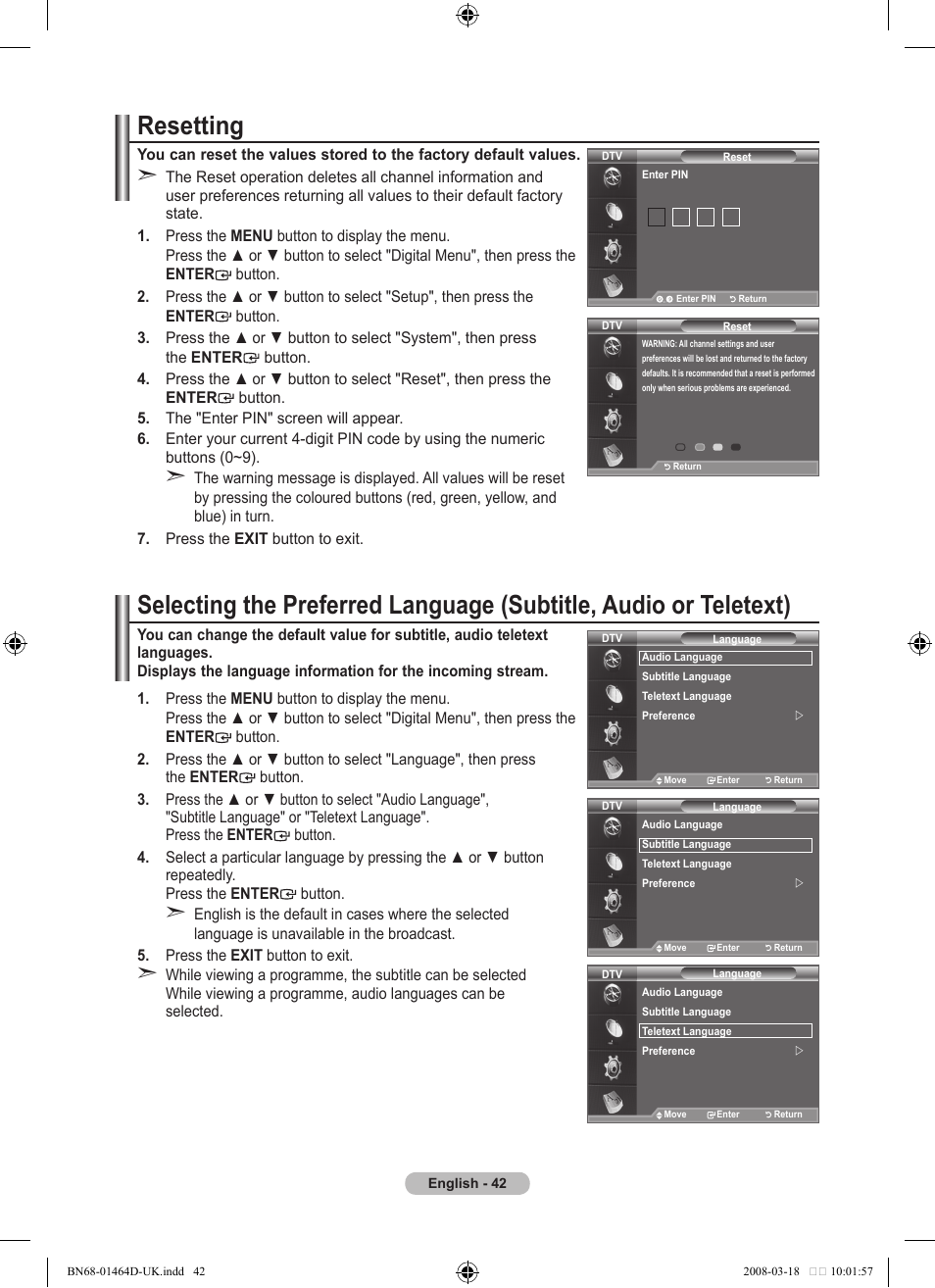 Resetting | Samsung BN68-01464D-00 User Manual | Page 44 / 63