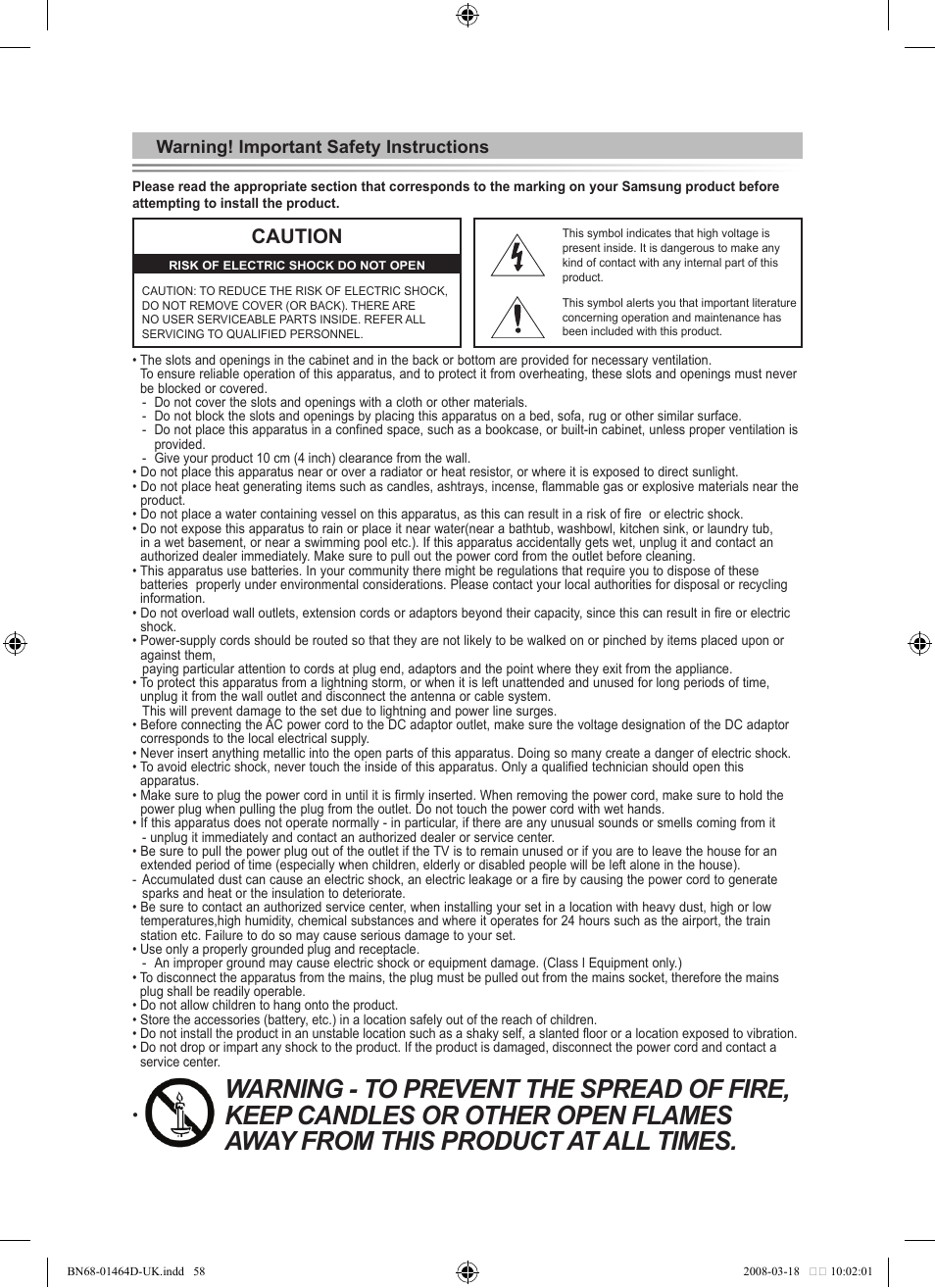 Caution, Warning! important safety instructions | Samsung BN68-01464D-00 User Manual | Page 60 / 63