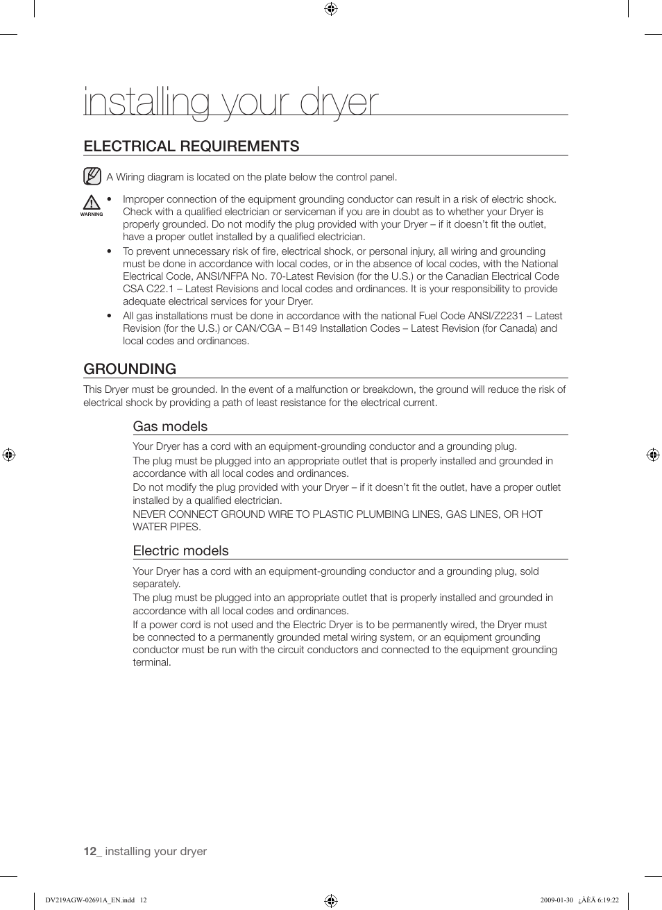 Installing your dryer, Electrical requirements, Grounding | Samsung DV219AGW User Manual | Page 12 / 68