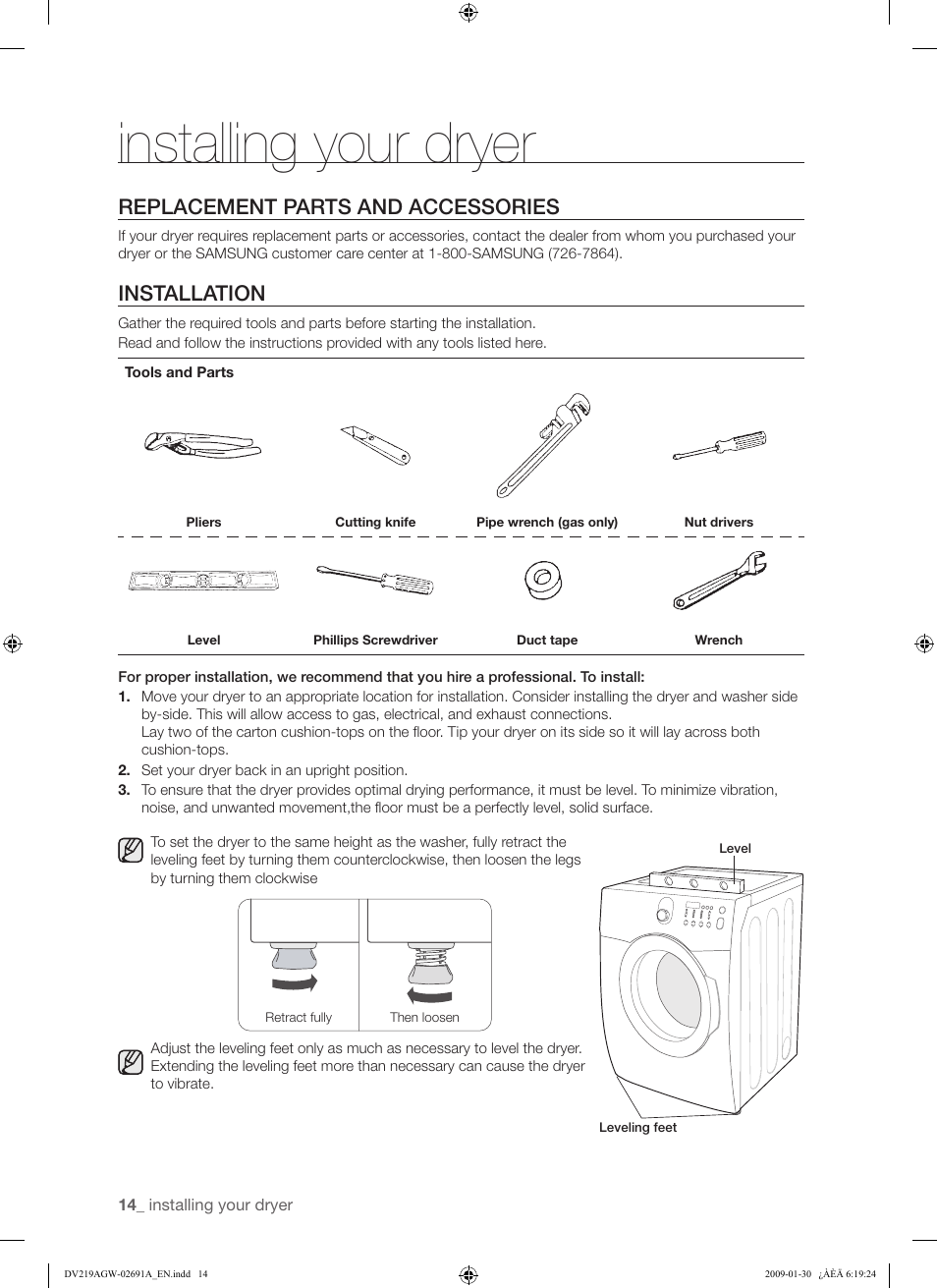 Installing your dryer, Replacement parts and accessories, Installation | Samsung DV219AGW User Manual | Page 14 / 68