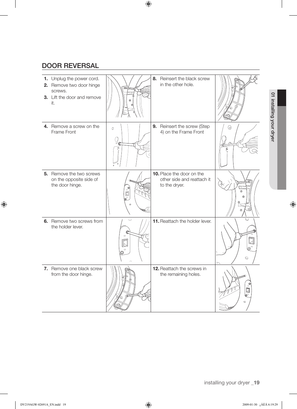 Door reversal | Samsung DV219AGW User Manual | Page 19 / 68