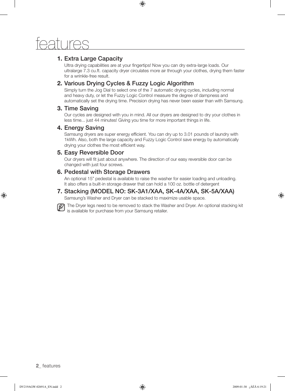 Features | Samsung DV219AGW User Manual | Page 2 / 68