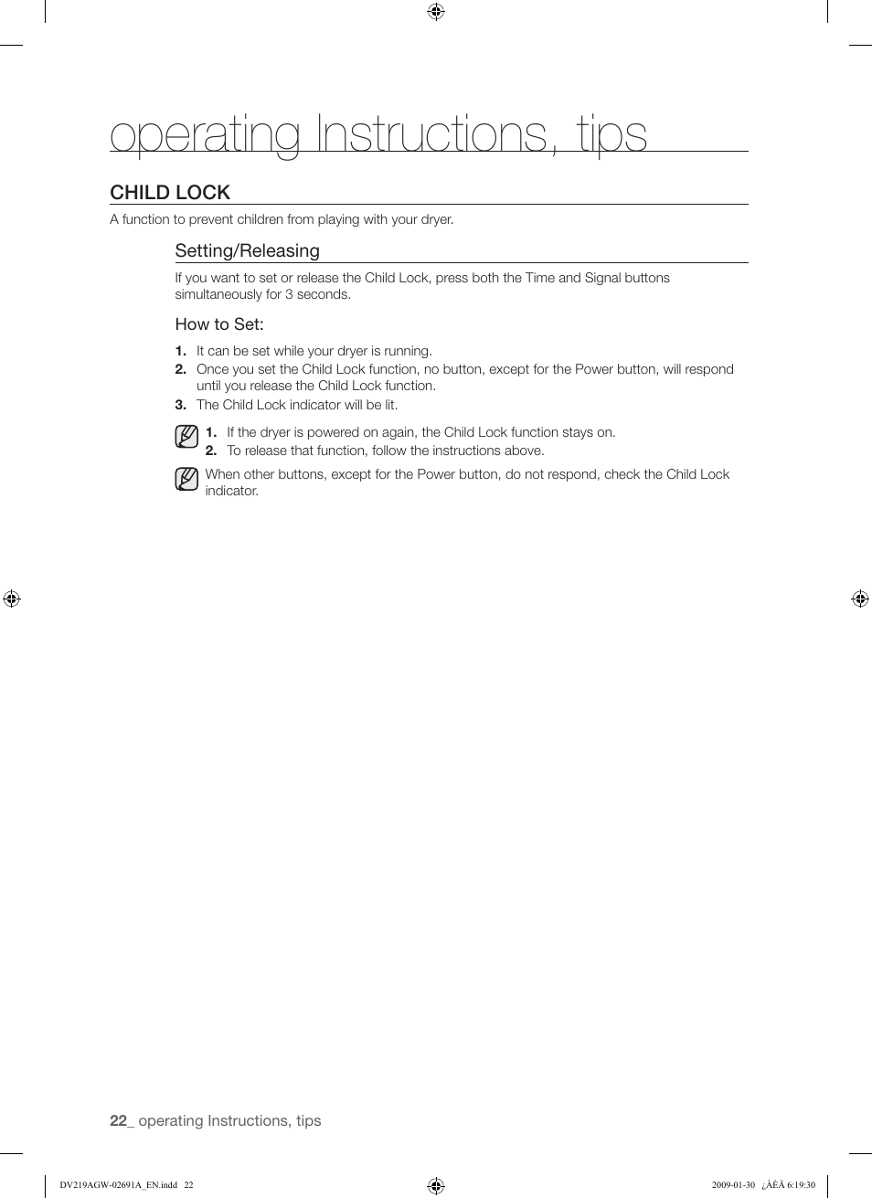 Operating instructions, tips | Samsung DV219AGW User Manual | Page 22 / 68