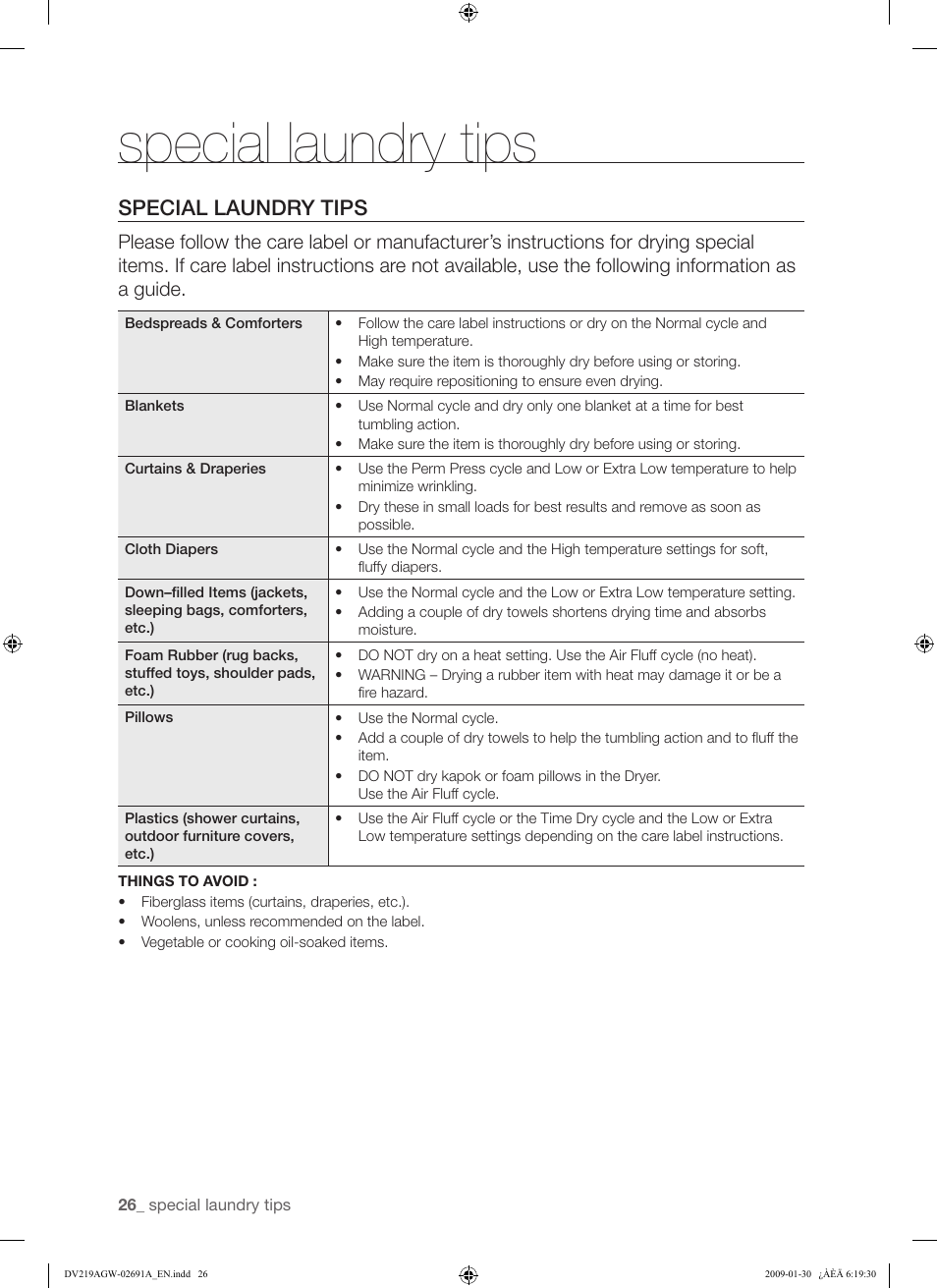 Special laundry tips | Samsung DV219AGW User Manual | Page 26 / 68