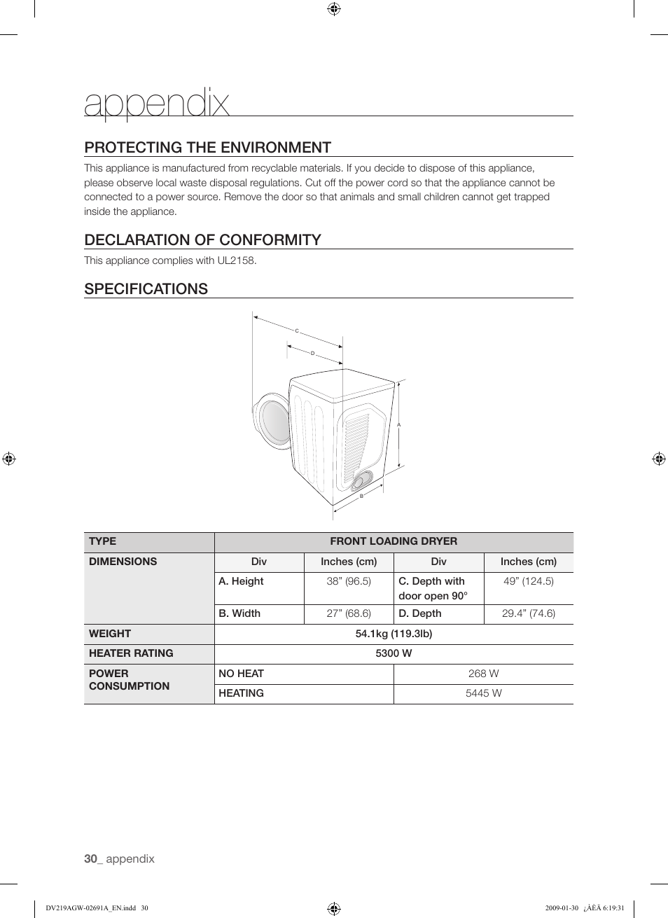 Appendix, Protecting the environment, Declaration of conformity | Specifications | Samsung DV219AGW User Manual | Page 30 / 68