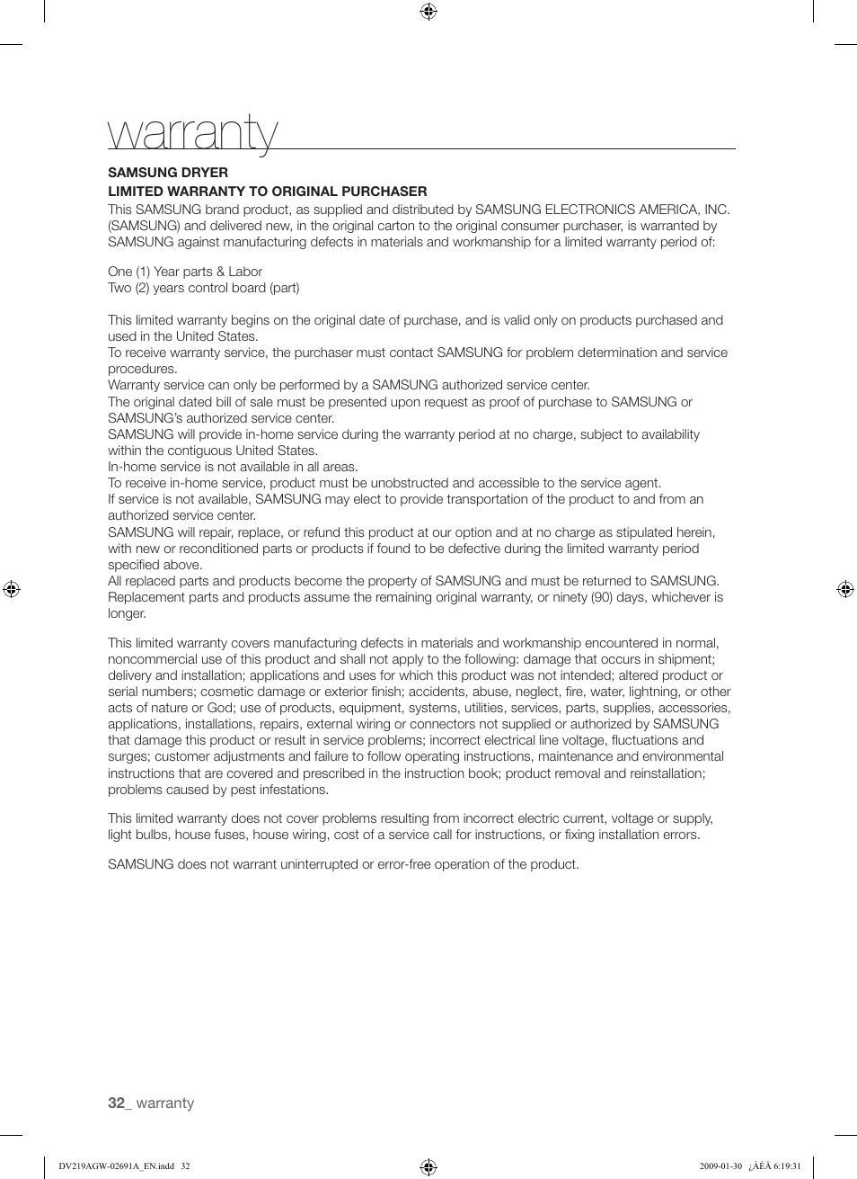Warranty | Samsung DV219AGW User Manual | Page 32 / 68