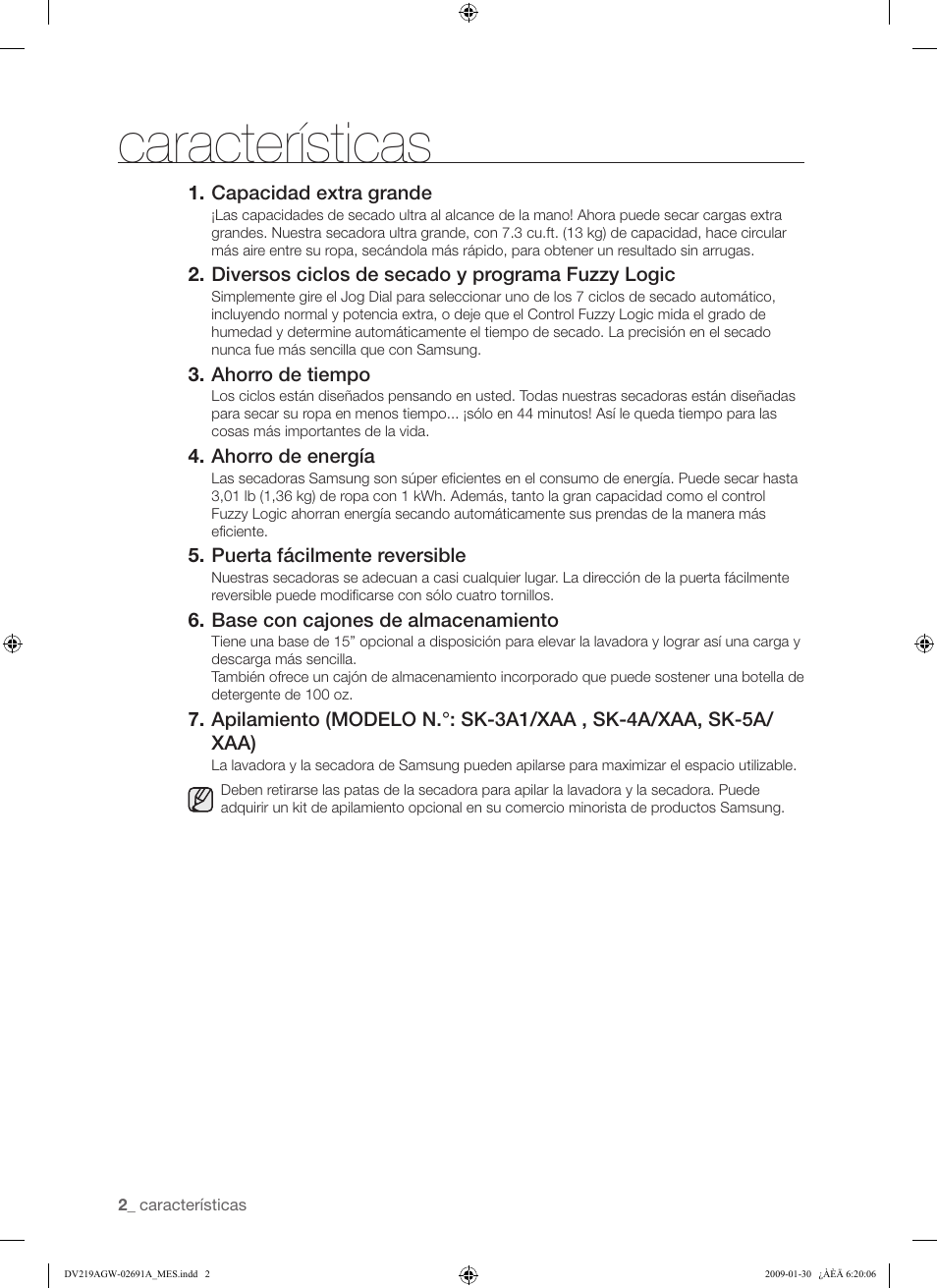 Características | Samsung DV219AGW User Manual | Page 36 / 68
