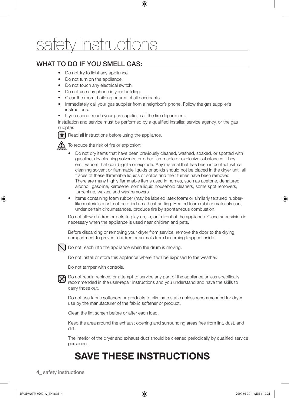 Safety instructions, Save these instructions, What to do if you smell gas | Samsung DV219AGW User Manual | Page 4 / 68