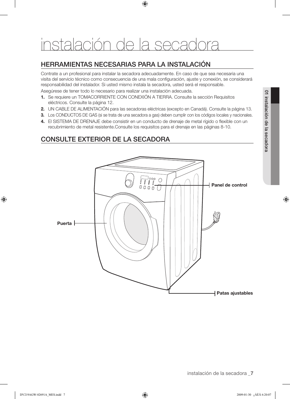 Instalación de la secadora | Samsung DV219AGW User Manual | Page 41 / 68