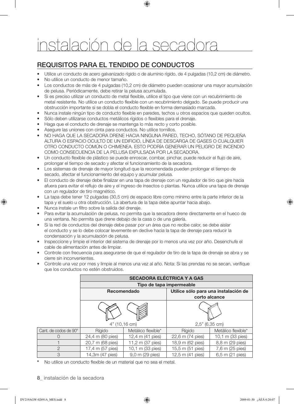 Instalación de la secadora, Requisitos para el tendido de conductos | Samsung DV219AGW User Manual | Page 42 / 68