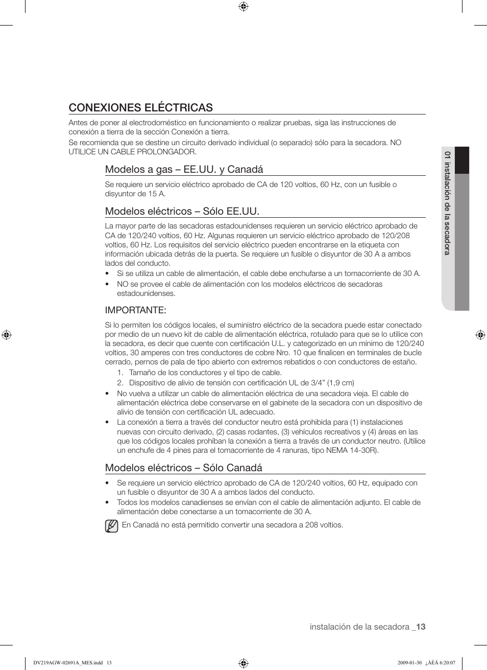 Conexiones eléctricas, Modelos a gas – ee.uu. y canadá, Modelos eléctricos – sólo ee.uu | Modelos eléctricos – sólo canadá | Samsung DV219AGW User Manual | Page 47 / 68