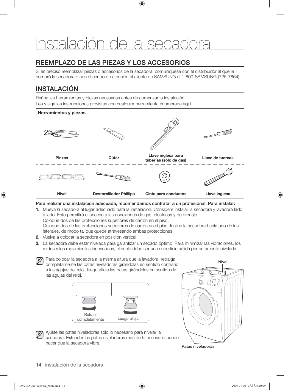 Instalación de la secadora, Reemplazo de las piezas y los accesorios, Instalación | Samsung DV219AGW User Manual | Page 48 / 68