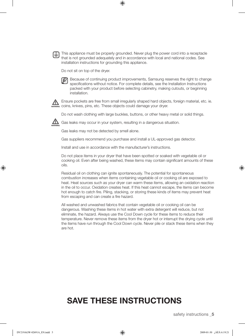 Save these instructions | Samsung DV219AGW User Manual | Page 5 / 68