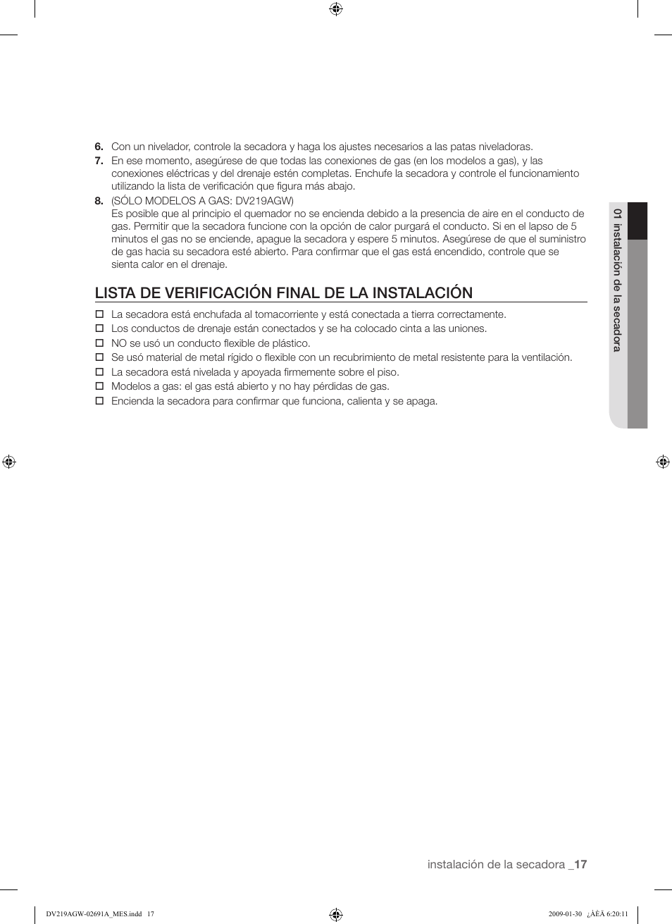 Lista de verificación final de la instalación | Samsung DV219AGW User Manual | Page 51 / 68