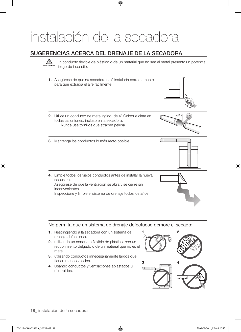 Instalación de la secadora, Sugerencias acerca del drenaje de la secadora | Samsung DV219AGW User Manual | Page 52 / 68