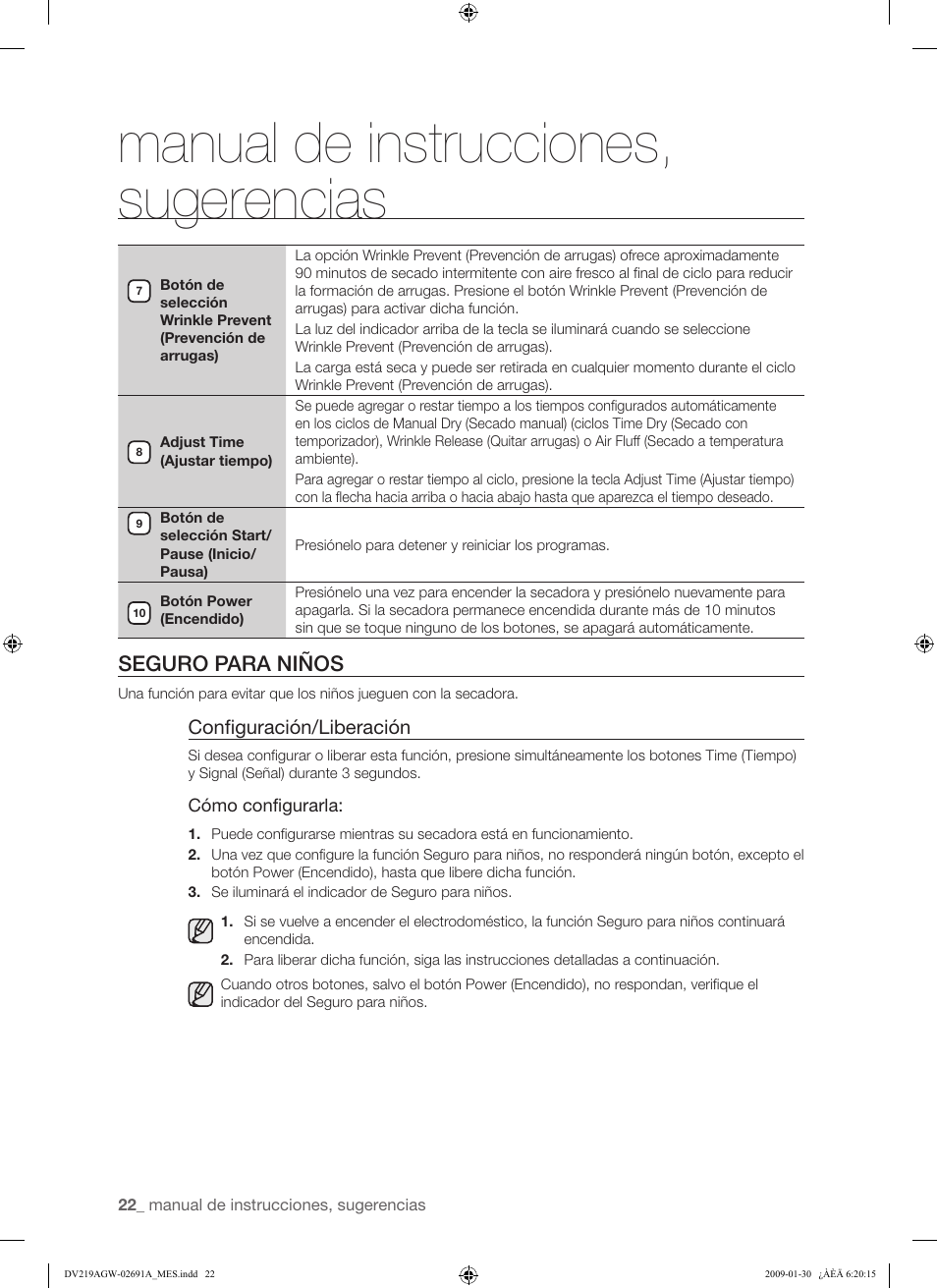 Manual de instrucciones, sugerencias, Seguro para niños | Samsung DV219AGW User Manual | Page 56 / 68