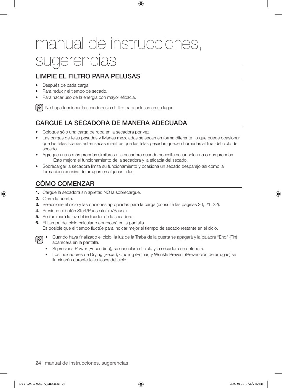 Manual de instrucciones, sugerencias | Samsung DV219AGW User Manual | Page 58 / 68