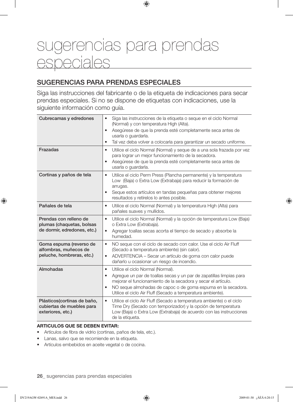 Sugerencias para prendas especiales | Samsung DV219AGW User Manual | Page 60 / 68