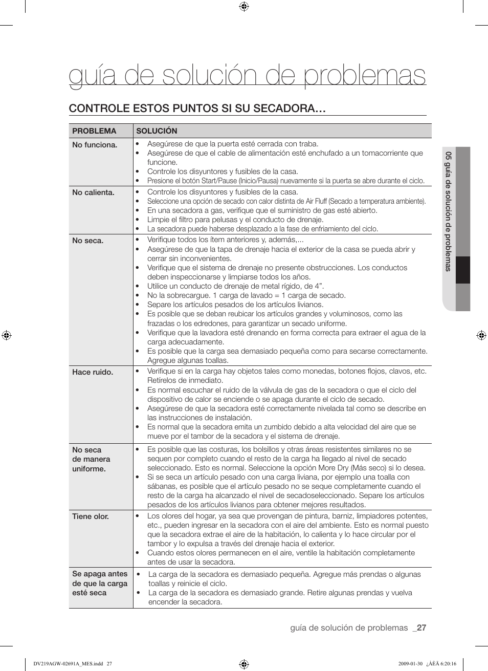 Guía de solución de problemas, Controle estos puntos si su secadora | Samsung DV219AGW User Manual | Page 61 / 68