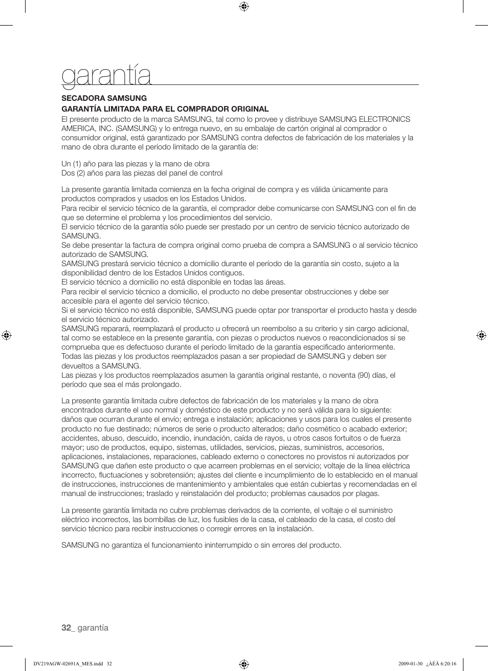 Garantía | Samsung DV219AGW User Manual | Page 66 / 68