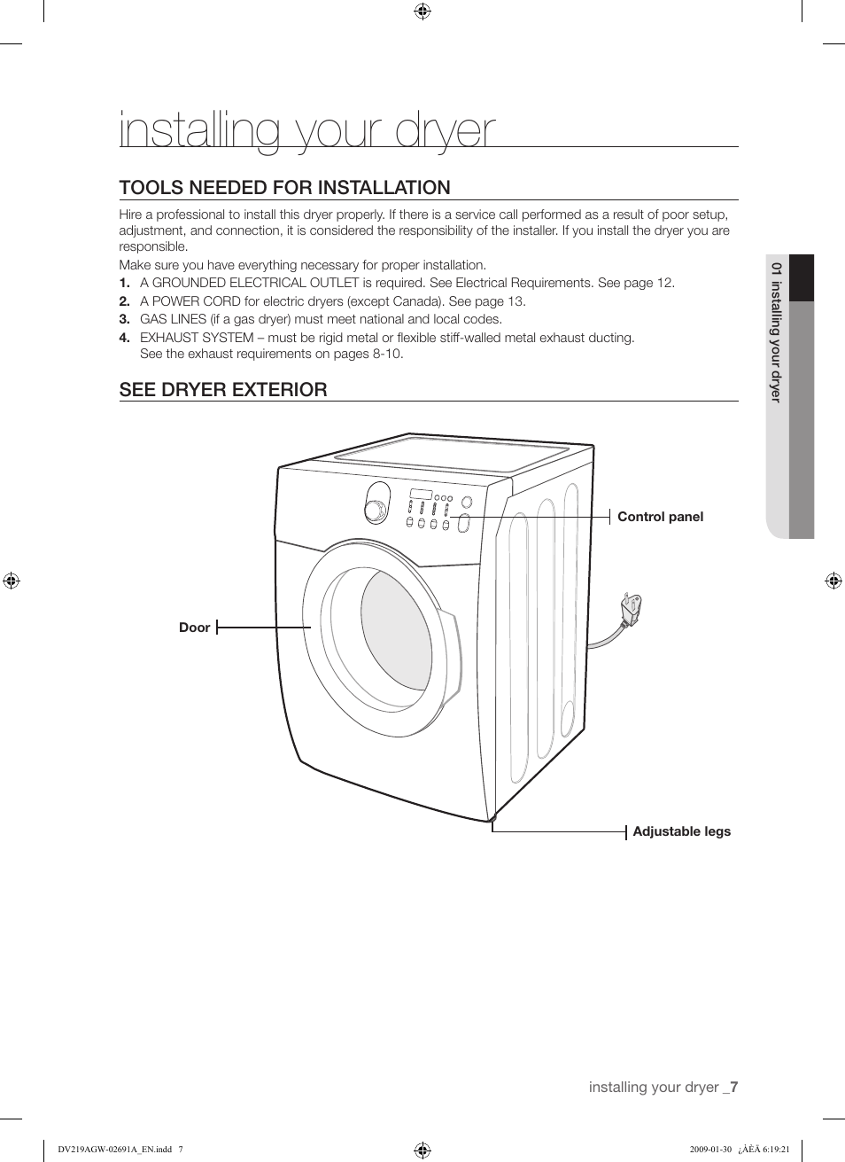 Installing your dryer | Samsung DV219AGW User Manual | Page 7 / 68