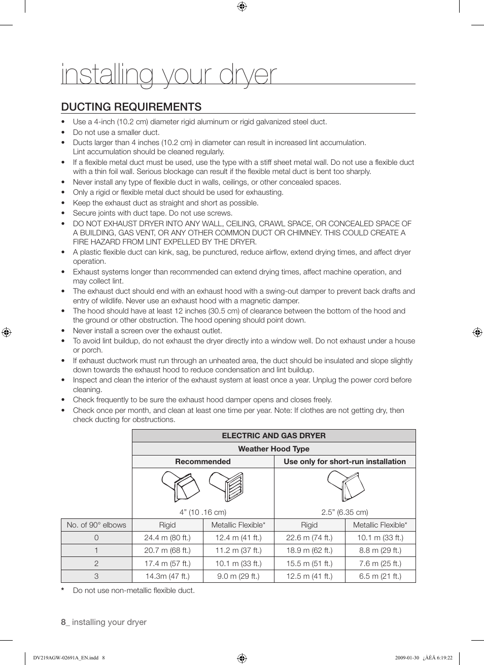 Installing your dryer, Ducting requirements | Samsung DV219AGW User Manual | Page 8 / 68