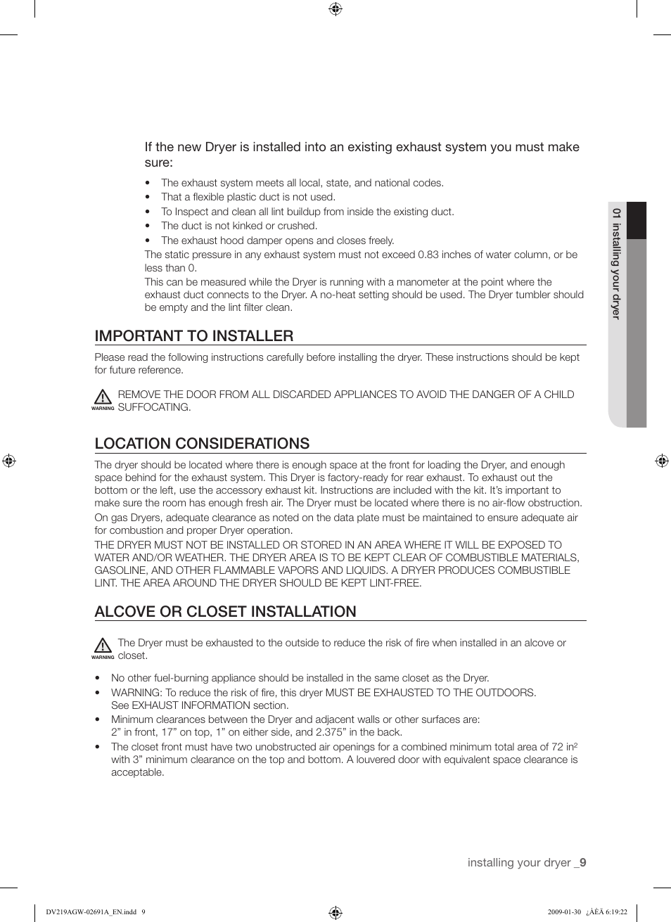 Important to installer, Location considerations, Alcove or closet installation | Samsung DV219AGW User Manual | Page 9 / 68