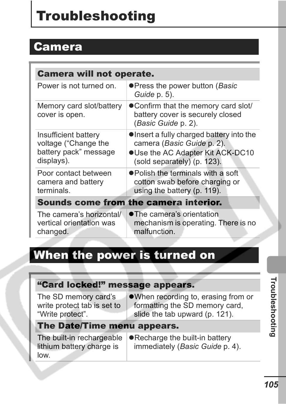 Troubleshooting, Camera, When the power is turned on | Samsung CDI-E207-010 User Manual | Page 107 / 147