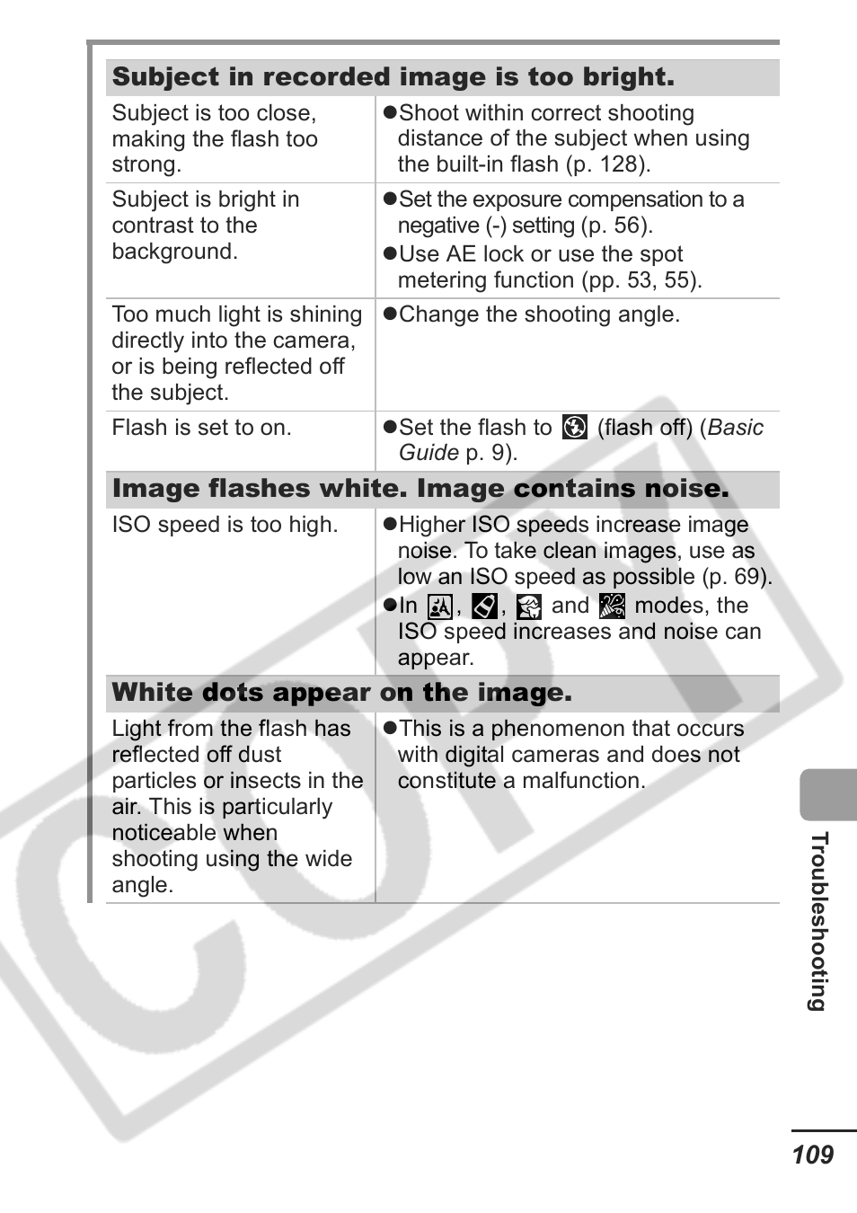 Subject in recorded image is too bright, Image flashes white. image contains noise, White dots appear on the image | Samsung CDI-E207-010 User Manual | Page 111 / 147