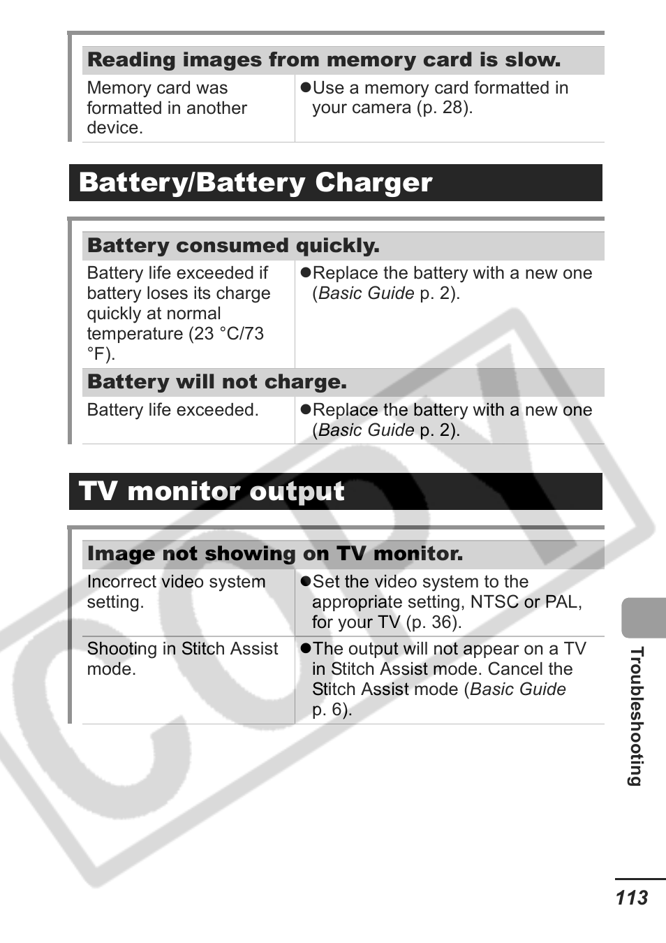 Battery/battery charger, Tv monitor output | Samsung CDI-E207-010 User Manual | Page 115 / 147