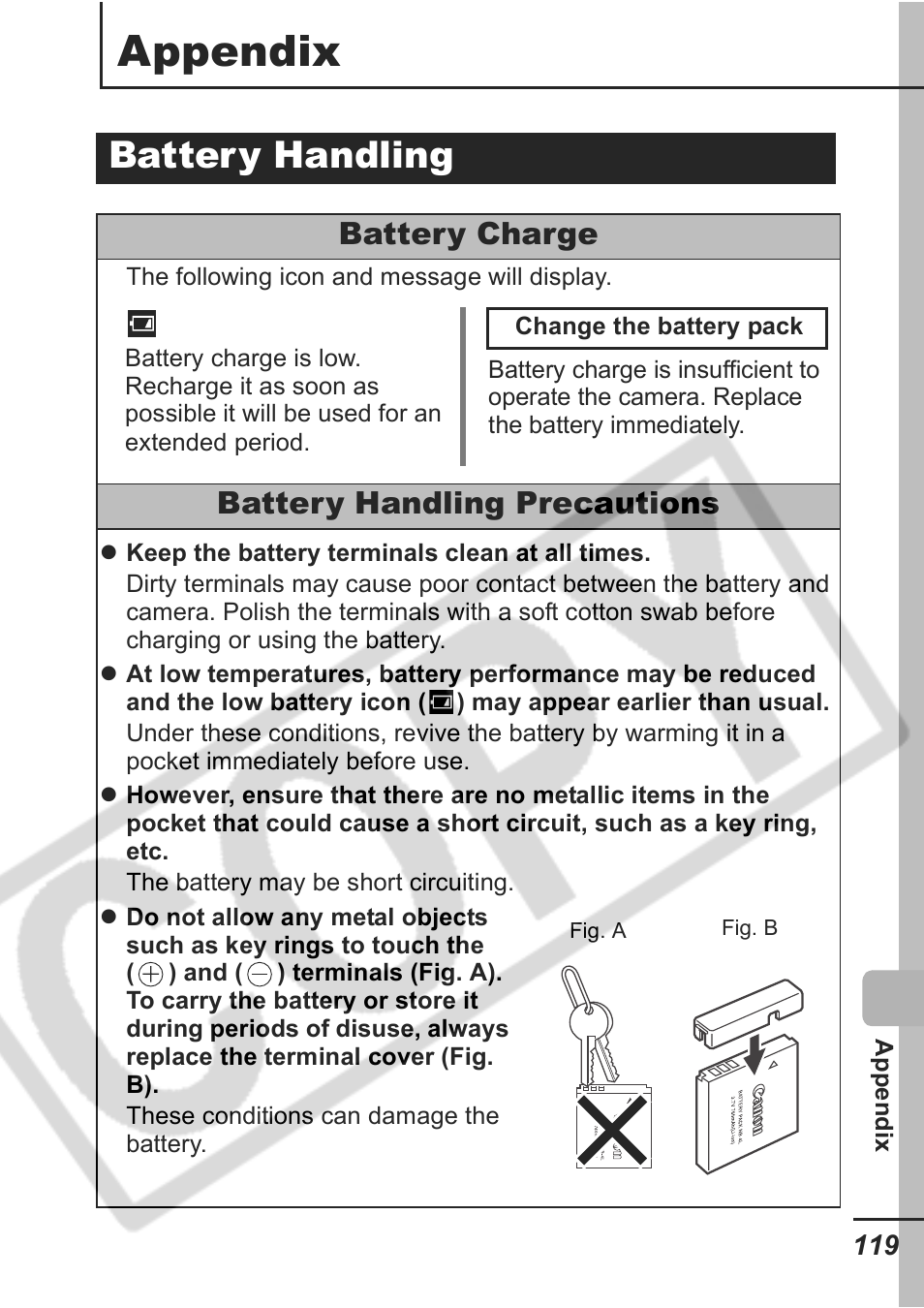 Appendix, Battery handling, Battery charge | Battery handling precautions | Samsung CDI-E207-010 User Manual | Page 121 / 147