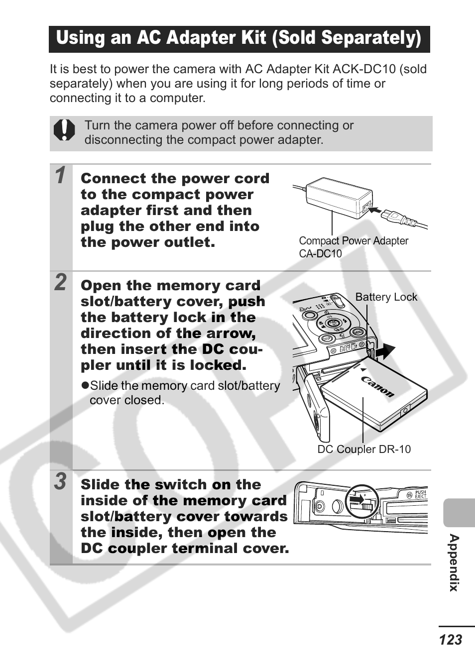 Using an ac adapter kit (sold separately) | Samsung CDI-E207-010 User Manual | Page 125 / 147