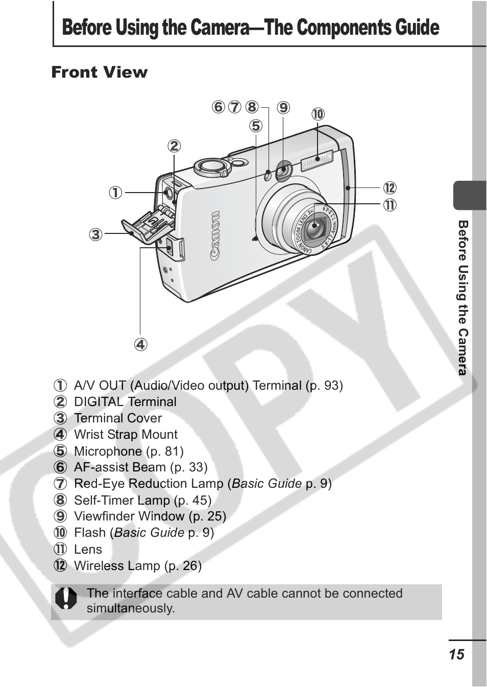 Before using the camera—the components guide, Front view | Samsung CDI-E207-010 User Manual | Page 17 / 147