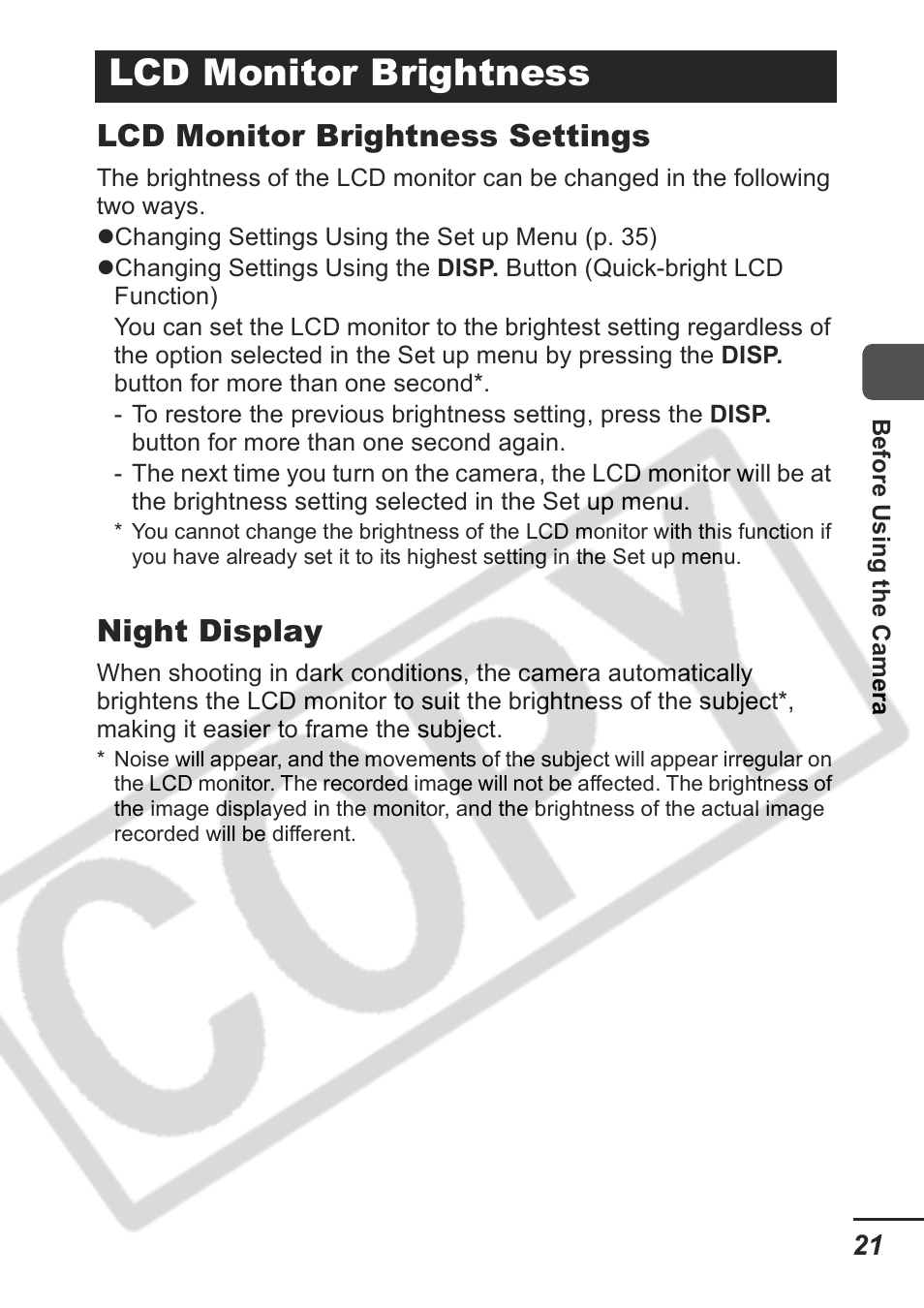 Lcd monitor brightness, Lcd monitor brightness settings, Night display | Samsung CDI-E207-010 User Manual | Page 23 / 147
